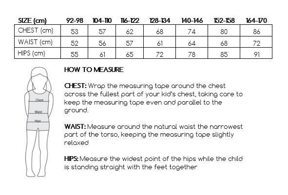 Pengu KIDS size guide – chest, waist and hip measurements with instructions